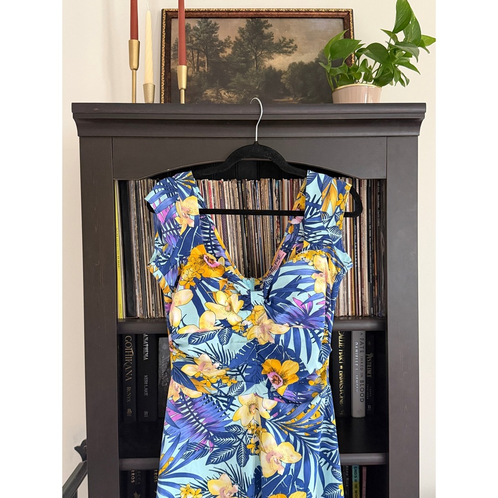 Bettie Page Tropical Floral Ruched Midi Dress Blue Yellow Retro Rockabilly